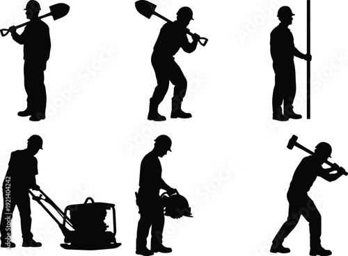 Silhouettes of workers engaged in various construction and maintenance tasks