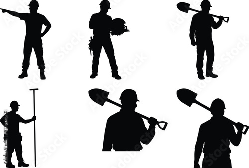 Six silhouettes of construction workers using different tools and equipment