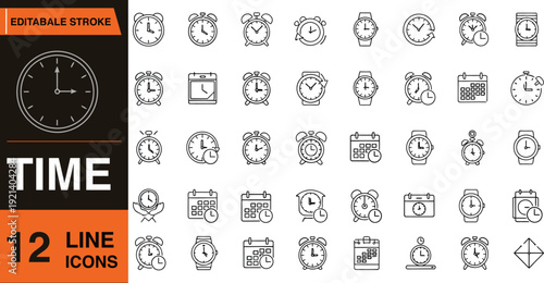 A collection of 12 line icons representing various time and clock related concepts