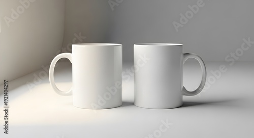 Two ceramic mug mockups arranged in a balanced composition with blank surfaces for customization isolated on a modern studio background.