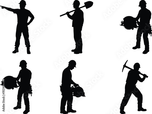 Five silhouettes of workers engaged in different labor activities