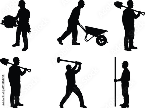Silhouettes of people demonstrating various martial arts and self-defense postures with weapons