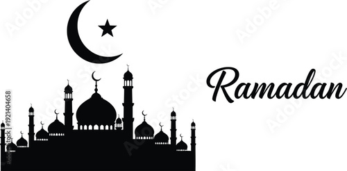 Ramadan celebration with mosque silhouette and crescent moon