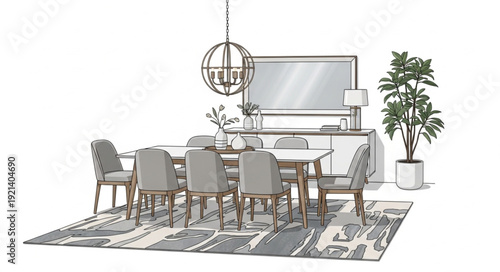 Dining Room Furniture Illustration Sketch.