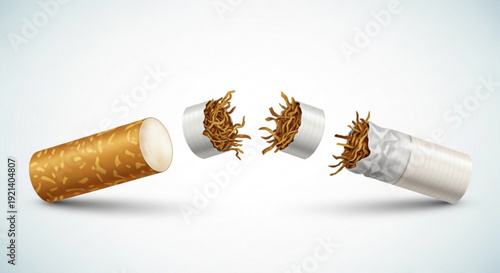 Cigarette breaks apart tobacco spilling out anti smoking concept health risks nicotine addiction smoking cessation