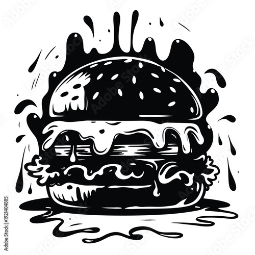 Black and white burger silhouette surrounded with ink splashes creates an edgy design