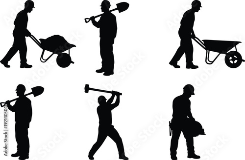 Silhouettes of gardeners performing various yard maintenance activities