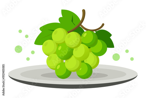 A vector graphic illustration of a bunch of green grapes on a plate with leaves
