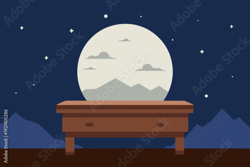 A minimalist vector illustration of a moonlit night scene with a wooden table and mountains
