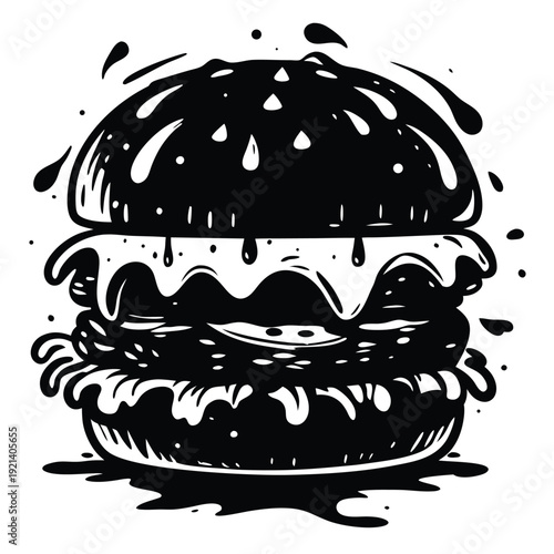 A stylized black and white burger with dripping sauce creates a delicious, artistic appeal
