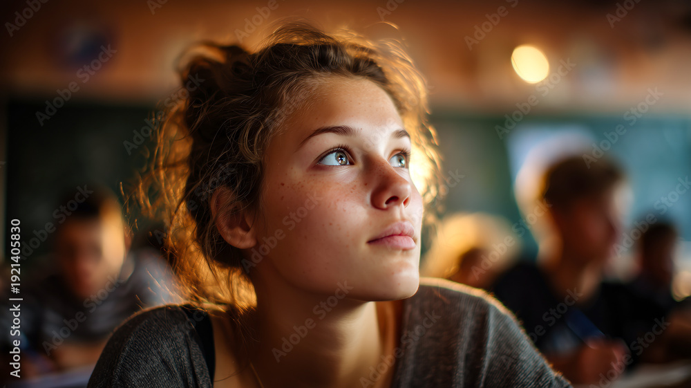 Fototapeta premium Young female student look up in classroom, engaged in learning environment