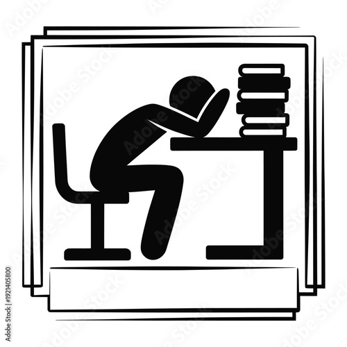 Person sleeping on desk in front of stack of books stressed student overwork study overload concept