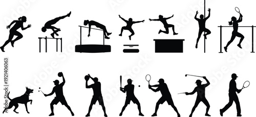 Sports silhouettes collection, track and field, gymnastics, basketball, baseball, tennis, golf, fencing, athletic activities, recreation, fitness, dynamic motion