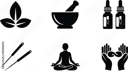 Herbal medicine wellness icons set with mortar drops acupuncture yoga and healing hands vector