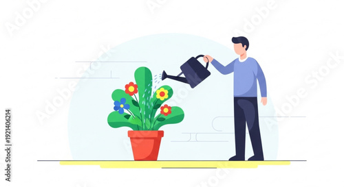 Man watering a potted cactus plant with colorful flowers in a serene indoor setting