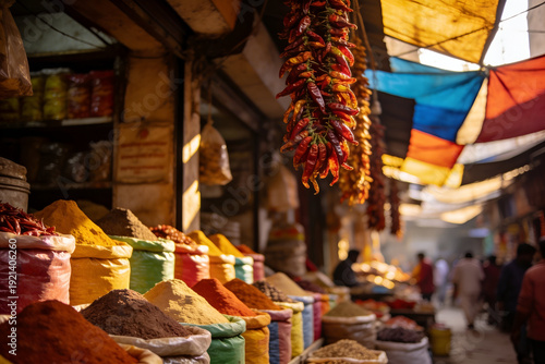 Colorful spice market stalls with dried chili peppers in Old Delhi
