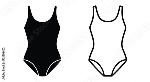 Two black and white outlines of women s one piece swimsuits displayed