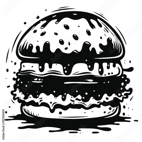 Single black and white burger art evokes deliciousness and simple monochrome fast food goodness
