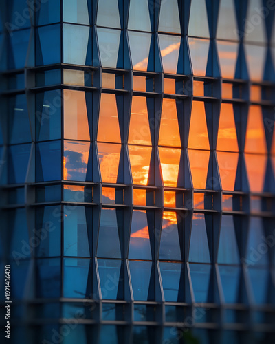 Modern glass office building reflecting vibrant sunset sky