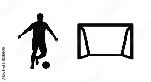 Silhouette of a soccer player dribbling a ball near a goal