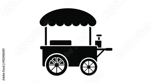 Simple black and white illustration of a vintage food cart icon