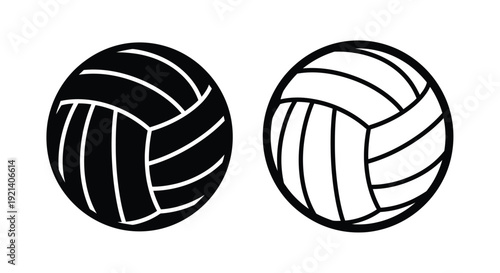 Two black and white volleyballs displayed with distinct paneling designs