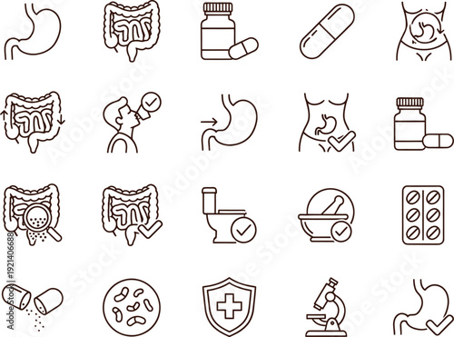 Digestive health icons set including stomach, intestines, pills, medication, and medical symbols on clean white background