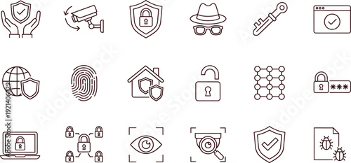 Cybersecurity and protection icons set with security symbols and shield graphics for digital safety and privacy concept