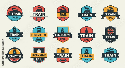 Collection of vintage train and locomotive emblems and badges.