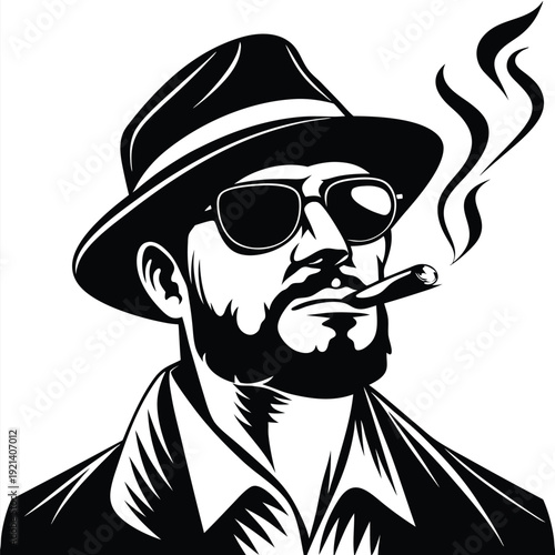 Cool dude wearing hat and glasses enjoys a cigar that releases smoke