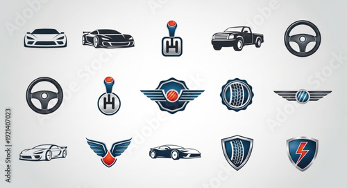 Collection of automotive symbols and emblems for car industry.