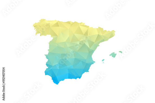 Spain Map - Polygon Style Vector Illustration in Blue and Yellow Gradient, Low Poly Geometric Design, Isolated on White Background for Infographics and Projects.
