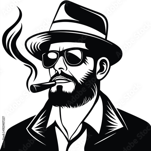 Bearded man in a hat smokes a cigar with rising smoke in black and white