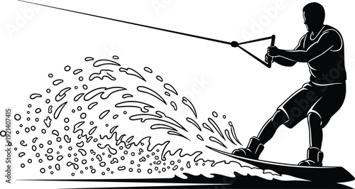 Wakeboarder silhouette illustration, water sport action, dynamic splash effect, rope handle, adventure, athleticism, speed, motion, summer activity, outdoor lifestyle