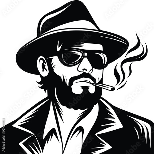 Bearded man with fedora and sunglasses smokes cigarette in a black image