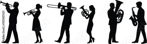 Brass band musicians silhouette collection, trumpet trombone tuba and saxophone players performing, isolated on white background vector illustration