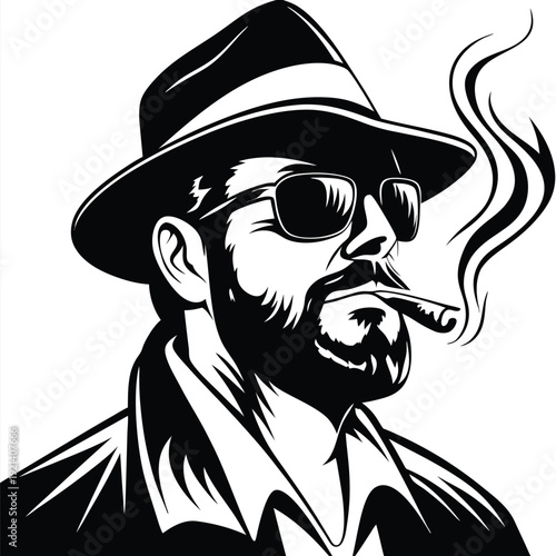 Monochrome portrait shows a confident man smoking cigar with hat and sunglasses