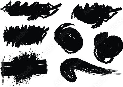 Black Ink Brush Strokes and Abstract Grunge Paint Shapes Vector Set