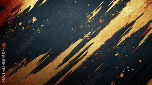 diagonal dark textured background with bold gold metallic brush strokes, splattered gold flecks and red accents conveying dramatic luxury