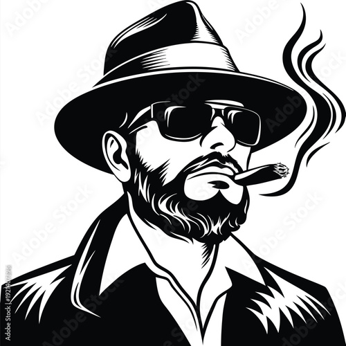 Stylish man with beard wearing sunglasses and hat is smoking cigar with monochrome effect