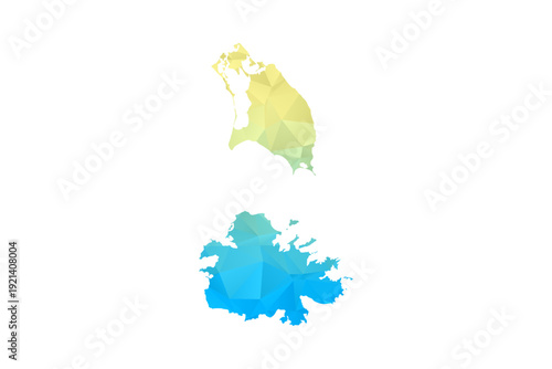Antigua and Barbuda Map - Polygon Style Vector Illustration in Blue and Yellow Gradient, Low Poly Geometric Design, Isolated on White Background for Infographics and Projects.