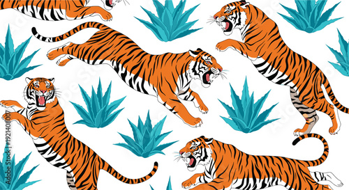 Jumping and roaring tiger illustration set with dynamic poses and tropical foliage elements for wildlife patterns animal themed designs and bold decorative graphics