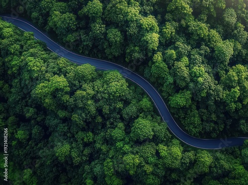 aerial view of lush green forest with winding road beside a large dark green rectangular overlay, serene and mysterious mood