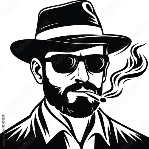 Bearded man in hat and glasses smokes a cigarette; black and white scheme