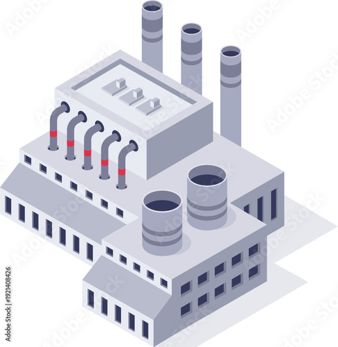 Industrial factory building with smokestacks and pipes