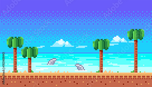 Pixel art tropical beach scene with jumping dolphins