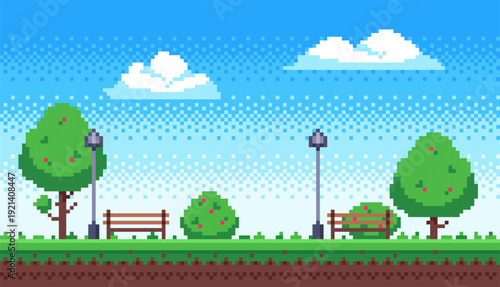 Pixel art park landscape with trees and benches