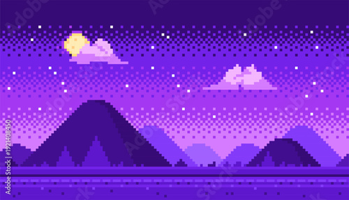Pixel art night sky over mountains with moon