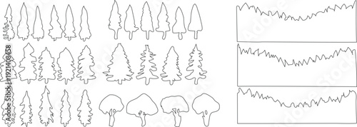 Set of minimalist thin line forest trees and landscape borders isolated on white background vector