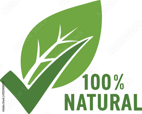 Green leaf checkmark logo for natural products and eco friendly 100 percent natural